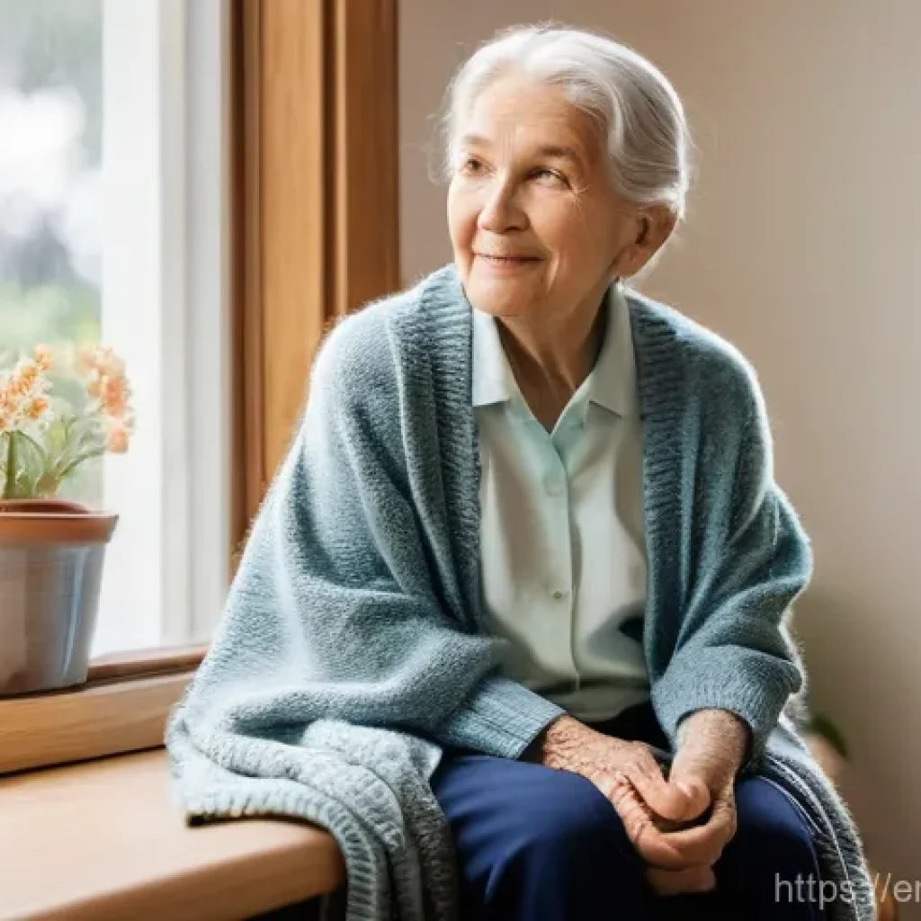 요양병원 내 치매 관리법 - **A Serene Personal Sanctuary:** An elderly woman with dementia, dressed in comfortable, modest day ...