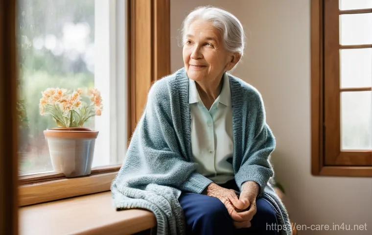 요양병원 내 치매 관리법 - **A Serene Personal Sanctuary:** An elderly woman with dementia, dressed in comfortable, modest day ...