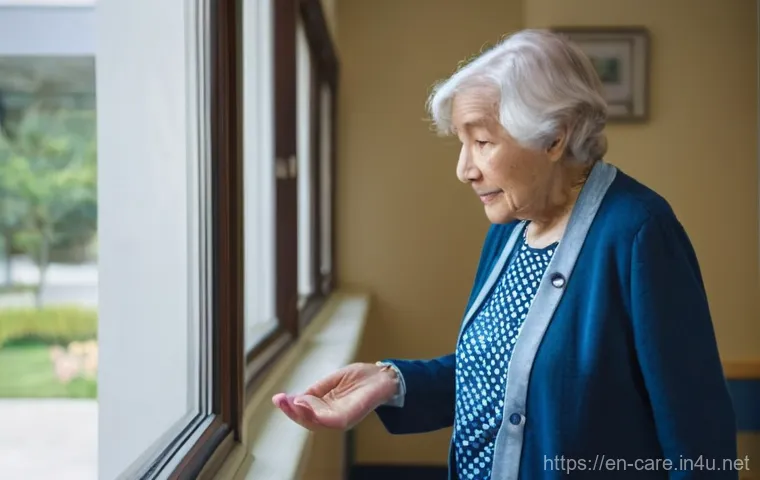 요양병원 내 치매 관리법 - **Shared Joy Through Memories:** A compassionate female caregiver, wearing a clean uniform over comf...