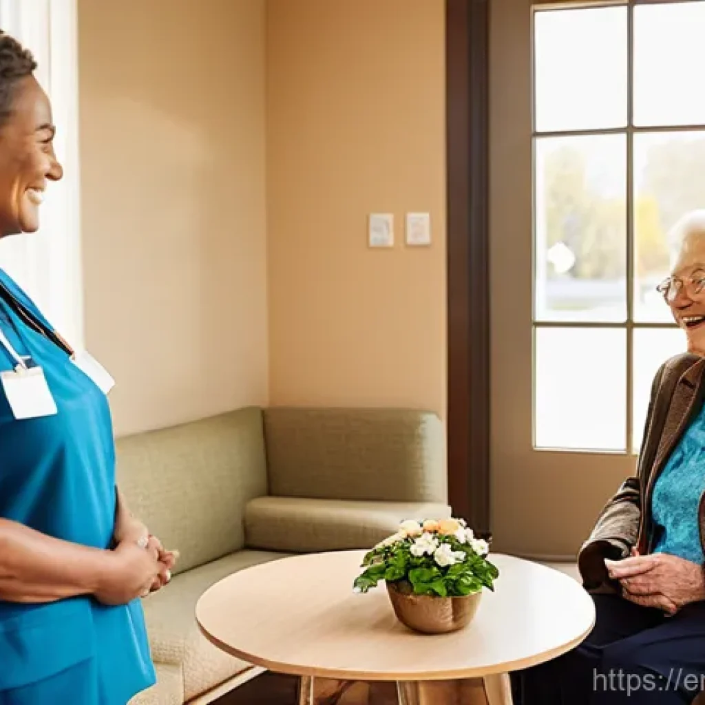 요양병원 방문 상담 가이드 - **Prompt:** A heartwarming scene in a well-lit, spacious common area of a modern nursing home. Sunli...