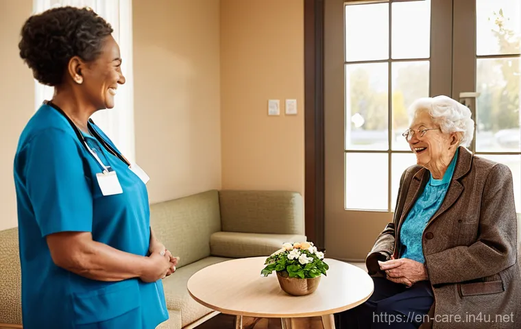 요양병원 방문 상담 가이드 - **Prompt:** A heartwarming scene in a well-lit, spacious common area of a modern nursing home. Sunli...