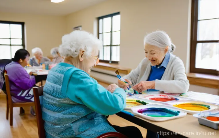 요양병원 방문 상담 가이드 - **Prompt:** A heartwarming scene in a well-lit, spacious common area of a modern nursing home. Sunli...