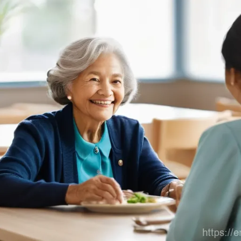 요양병원 시설 견학 후기 - **Prompt:** A warmly lit, pristine common area in a modern long-term care facility, filled with abun...