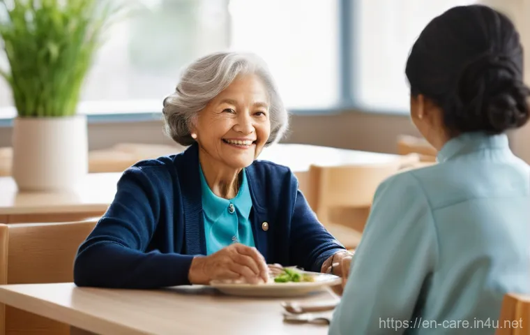 요양병원 시설 견학 후기 - **Prompt:** A warmly lit, pristine common area in a modern long-term care facility, filled with abun...