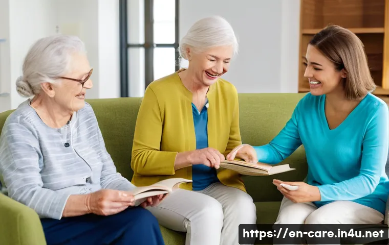 요양병원 방문 후기 - **Prompt:** A bright, modern assisted living common area filled with natural light. Diverse senior r...