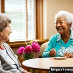 Home 22 노인성 질환 관리 요양병원 - A warm, well-lit senior nursing facility common room featuring elderly residents engaged in a variet...