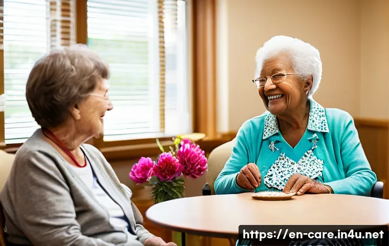 노인성 질환 관리 요양병원 - A warm, well-lit senior nursing facility common room featuring elderly residents engaged in a variet...