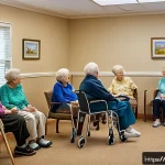 Home 21 치매 환자 돌봄 비용 - A compassionate scene inside a bright, well-equipped memory care facility common area, featuring eld...