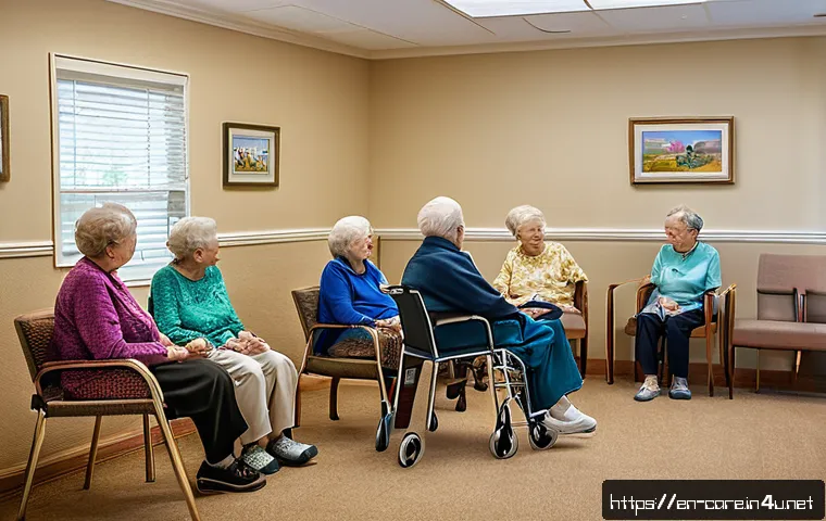 치매 환자 돌봄 비용 - A compassionate scene inside a bright, well-equipped memory care facility common area, featuring eld...
