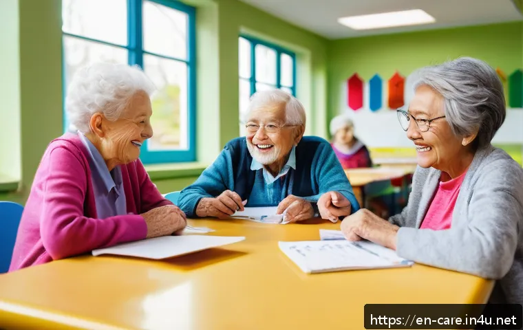 노인 요양병원과 주간보호센터 차이 - A warm, inviting adult day care center interior bustling with diverse elderly participants engaged i...