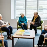 Home 19 요양병원 환자 가족 지원 프로그램 - A warm, inviting scene in a modern community center where diverse family members of various ages are...