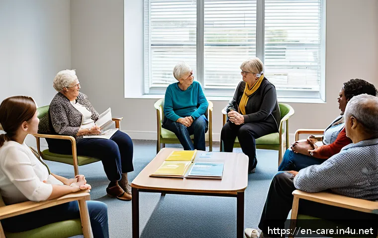 요양병원 환자 가족 지원 프로그램 - A warm, inviting scene in a modern community center where diverse family members of various ages are...