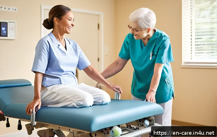 요양병원 재활 프로그램의 특징 - A bright, home-like skilled nursing facility therapy room with natural sunlight streaming through la...