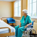 Home 23 요양병원 의료보험 혜택 비교 - A bright and welcoming skilled nursing facility room featuring an elderly patient sitting comfortabl...