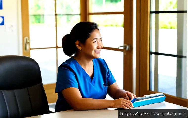 요양병원에서의 가족 면회 규칙 - Photorealistic nursing home visitor check-in scene, a middle-aged daughter in modest everyday clothi...
