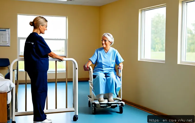 요양병원 입원 환자 치료 사례 - Photorealistic rehabilitation care scene in a bright American long-term care hospital, an older adul...