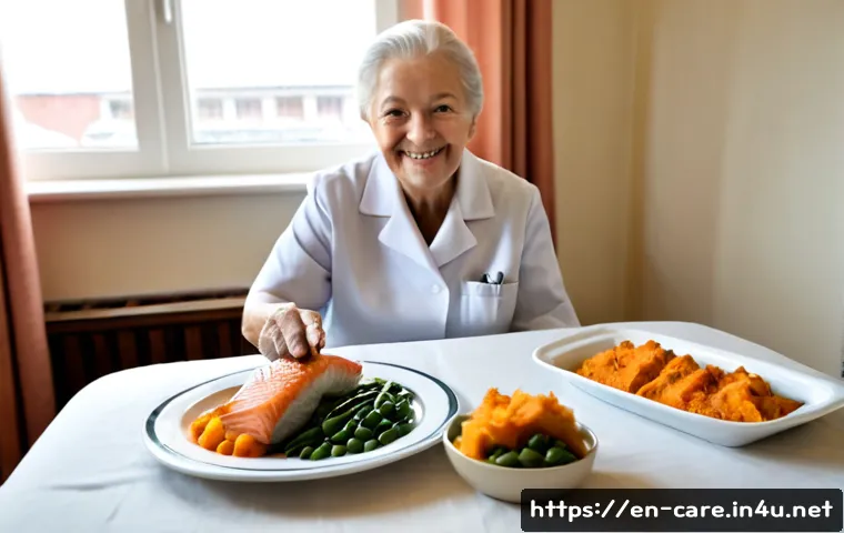 요양병원 환자 식단 사례 - Photorealistic nursing home meal service, a cheerful elderly patient seated comfortably at a clean b...
